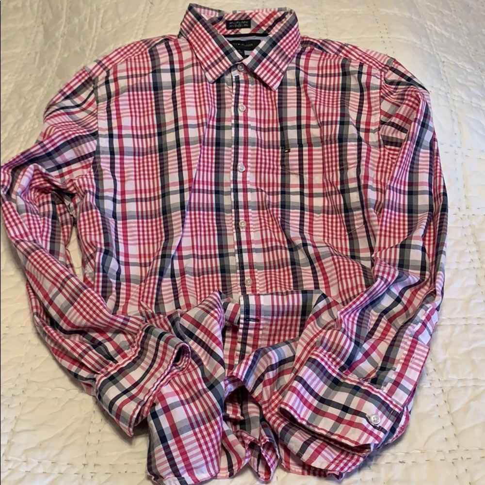 Tommy Hilfiger pink/gray plaid shirt, size L